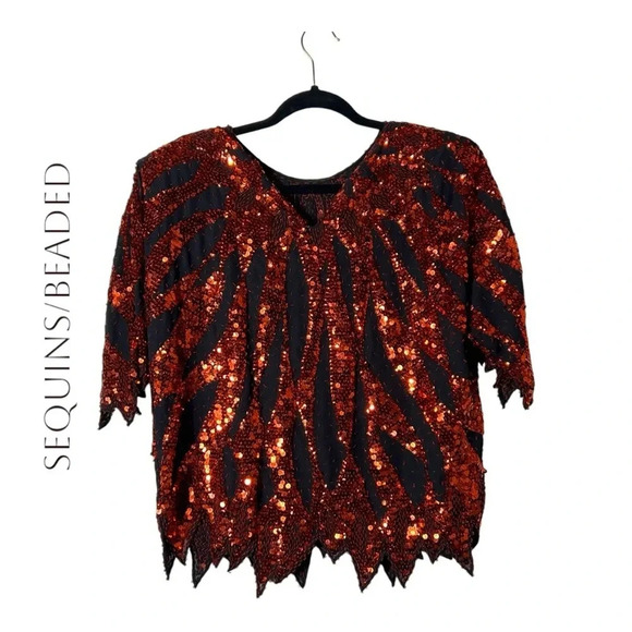 2022. UNBRANDED SEQUINS/BEADED VINTAGE TOP RED/BLACK COLORED‎ SEE MEASUREMENTS - Picture 1 of 7